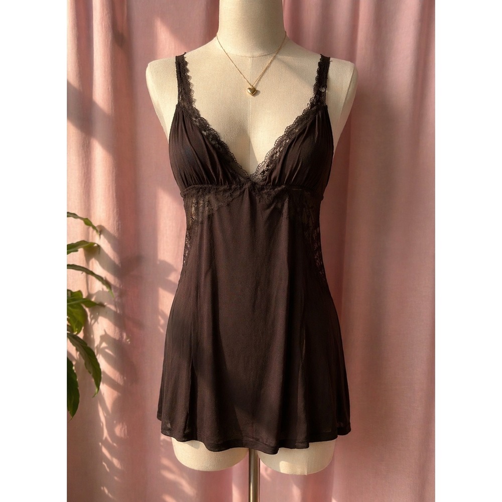 Eberjey Chemise Nightgown Brown Womens Large Lace Trim Babydoll Sleepwear PJs